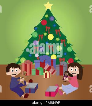 twins opening Christmas gifts Stock Vector