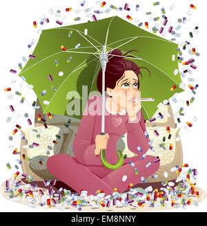 Sick Girl Bombarded with Medication - Vector Illustration Stock Vector