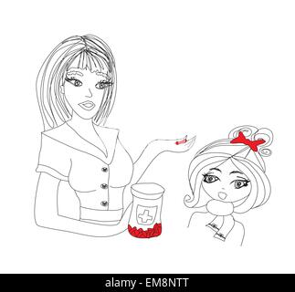 Mother giving her daughter cough medicine Stock Vector