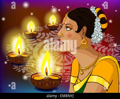 Vector portrait of a beautiful Indian woman in sari Stock Vector