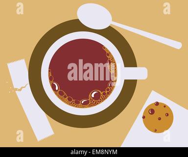 Vector image of a cup of coffee, sugar, spoons and cookies Stock Vector