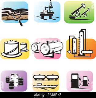 oil extraction and processing, set of vector icons Stock Vector