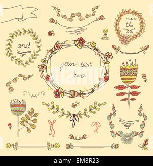 Vintage frames and hand-drawn floral decorative elements Stock Vector