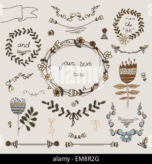 Vintage frames and hand-drawn floral decorative elements Stock Vector