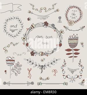 Vintage frames and hand-drawn floral decorative elements Stock Vector