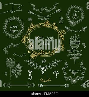 Vintage frames and hand-drawn floral decorative elements Stock Vector