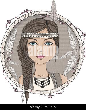 Cute native american girl and feathers frame. Stock Vector