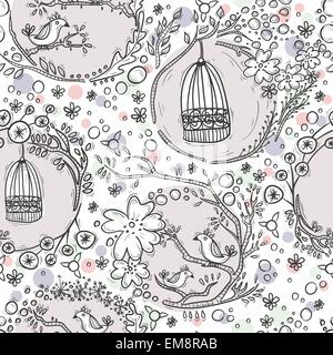 Seamless pattern with birdcages, flowers and birds. Stock Vector