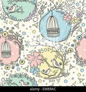 Seamless pattern with birdcages, flowers and birds. Stock Vector