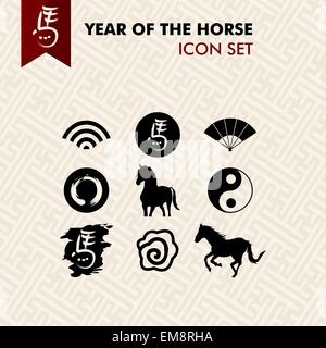Chinese new year of the Horse icons set Stock Vector