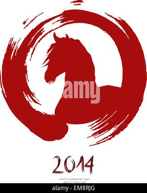 Chinese new year of the Horse red brush zen circle. Stock Vector