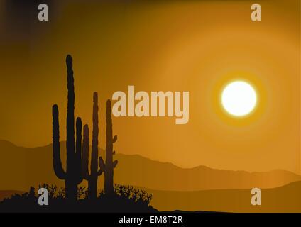 Sunset And Cactus Silhouettes Stock Vector