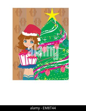 cute girl with gift box near by Christmas Tree Stock Vector