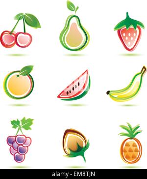 green fruits icons set, organic food concept Stock Vector