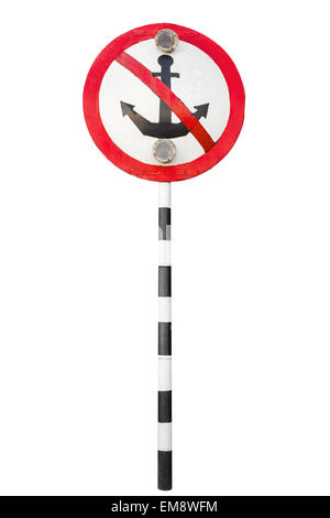 Mooring prohibited, round navigation sign with strikeout anchor on striped metal pole isolated on white Stock Photo