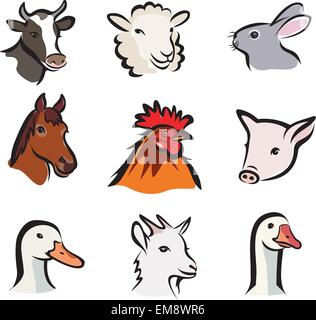 farm animals, set of vector icons, isolated portraits Stock Vector
