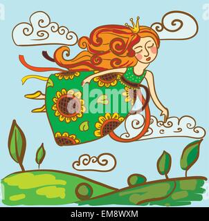 vector image of the princess in a bright dress flying in the sky Stock Vector