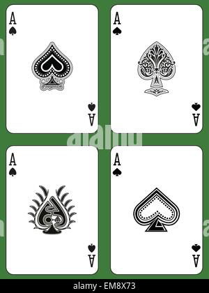 Aces of Spades in four versions on a green background Stock Vector