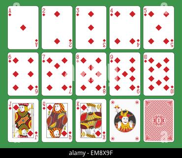 Playing cards diamonds suite, joker and back. Green background. Stock Vector