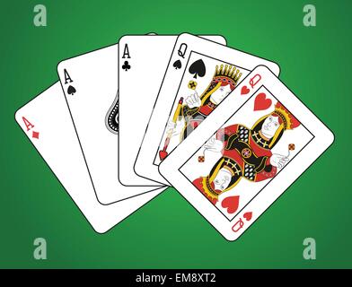 Full house of three aces and two queens on green background.  The figures are original design. Stock Vector