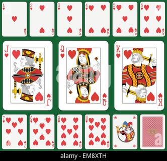 Playing cards, heart suit, joker and back. Faces double sized. Green background in a separate level in vector file Stock Vector