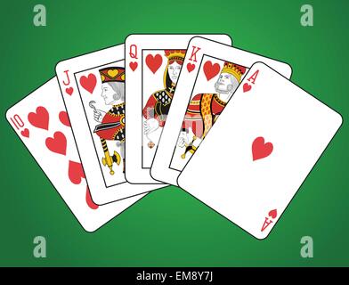 Royal Flush of Hearts on green background. The figures are original design. Stock Vector