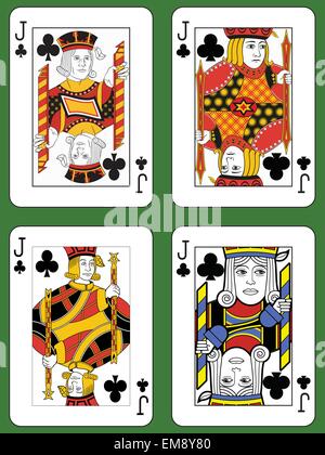 Four Jacks of Clubs in four different styles on a green background Stock Vector