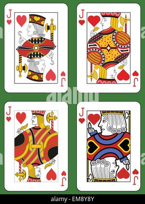 Four Jacks of Hearts in four different styles on a green background Stock Vector