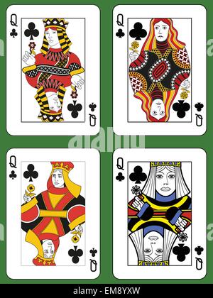 Four Queens of Clubs in four different styles on a green background Stock Vector