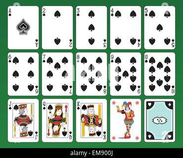 Set of playing cards on green background. The figures are original design as well as the jolly, the ace of spades and the back c Stock Vector