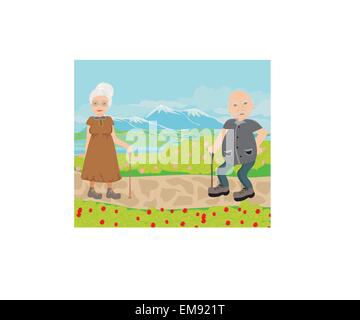 Senior couple walking in sunny day Stock Vector