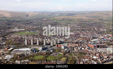 aerial view of the Rochdale town skyline against The Pennines in Lancashire Stock Photo