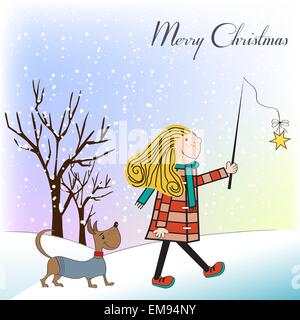 Funny girl and her dressed dog in a beautiful Christmas card Stock Vector