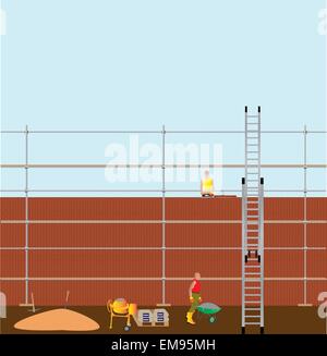 A vector illustration of Construction Workers building a brick wall, with cement mixer, scaffolding and a ladder in foreground Stock Vector