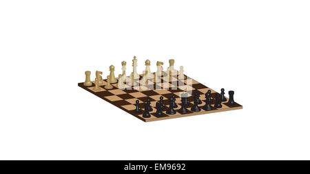 A vector illustration of a Three Dimensional wooden Chessboard with white and black pieces ready to play isolated on white Stock Vector