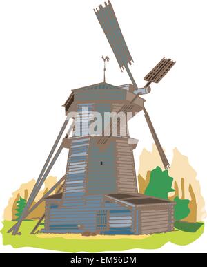 Illustration of a wooden windmill on a white background Stock Vector
