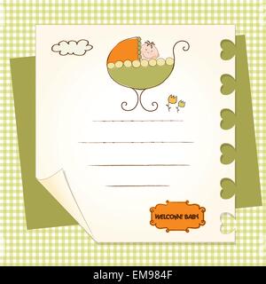 baby boy announcement card with baby and pram Stock Vector