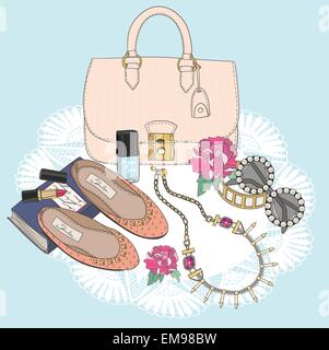 Fashion essentials. Background with bag, sunglasses, shoes, jewelery, makeup and flowers. Stock Vector