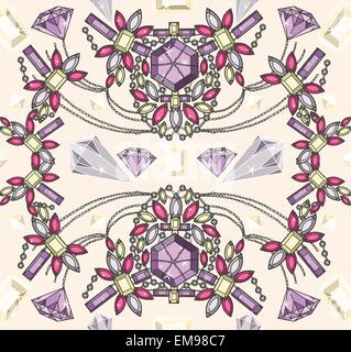Seamless pastel jewelery necklace kaleidoscope pattern. Background with colorful gemstones and diamonds. Stock Vector