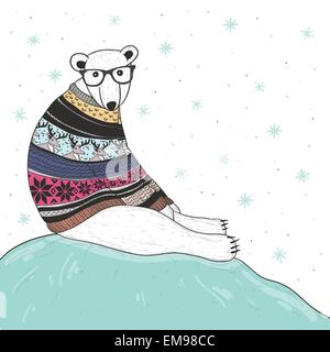 Christmas card with cute hipster polar bear. Bear with fair isle style sweater. Stock Vector