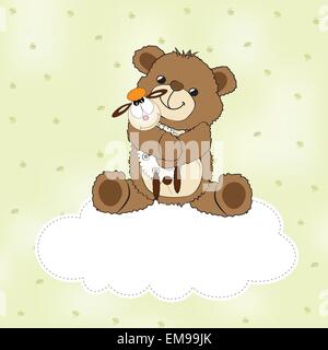childish greeting card with teddy bear and his toy Stock Vector