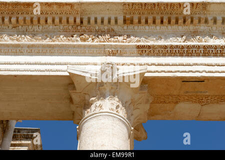 Close up view of the double storied colonnaded marble courtyard hall of the Roman Bath- Gymnasium complex. Sardis, Turkey. The f Stock Photo