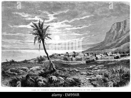 Engraving of the Lake of Tiberias, from Magdala - Site of Gergesa in the Distance scanned  from a book printed in 1889. Stock Photo