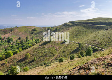 View of contour path leading around British Camp Herefordshire Beacon in the  Malvern HIlls Stock Photo