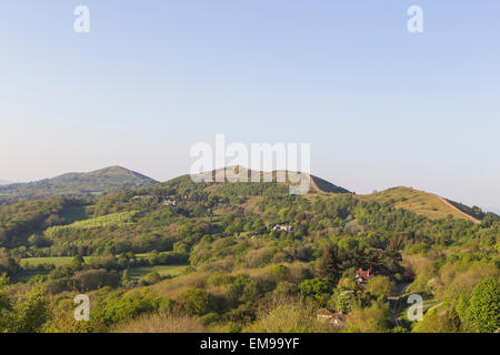 View of Malvern Hills with Worcestershire Beacon in distance taken from the British Camp Stock Photo