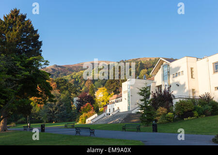 Great Malvern theatre with the autumn colour trees of the Malvern Hills in the background, Worcestershire Stock Photo