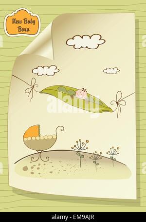 little boy sleeping in a pea been, baby announcement card Stock Vector