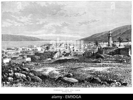 An engraving of Tiberias and its Lake (Looking South) scanned at high resolution from a book printed in 1889. Believed copyright free. Stock Photo