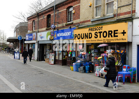 Prescot.Merseyside. Town Centre Photos March 2015. Prescot is a town and civil parish within the Metropolitan Borough of Knowsley in Merseyside, England. Historically part of Lancashire, it lies approximately eight miles to the east of Liverpool city centre Stock Photo