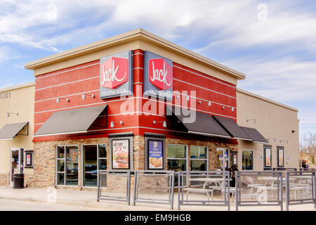 The exterior storefront and entrance of a Jack in the Box chain fast food restaurant. Oklahoma City, Oklahoma, USA. Stock Photo